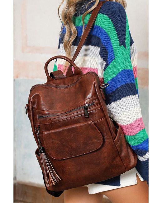 Azura Exchange Brown Tassel Decor Retro Pu Large Capacity Backpack