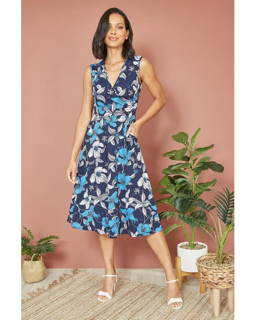 Mela London Blue Floral Print Stretch Wrap Over Midi Dress With Pockets