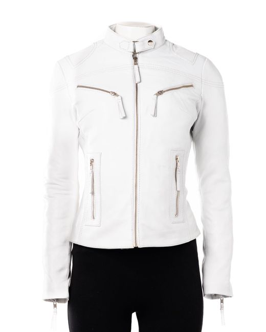 Woodland Leathers White Genuine Leather Biker Jacket