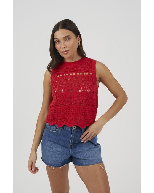 Brave Soul Red Crew Neck Pointelle Knit Tank