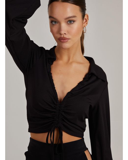 Pink Vanilla Black Ribbed Ruched Long Sleeve Collard T-Shirt