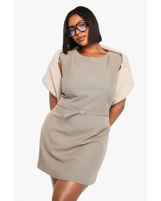 Boohoo Natural Plus Shoulder Pad Belt Detail Shift Dress