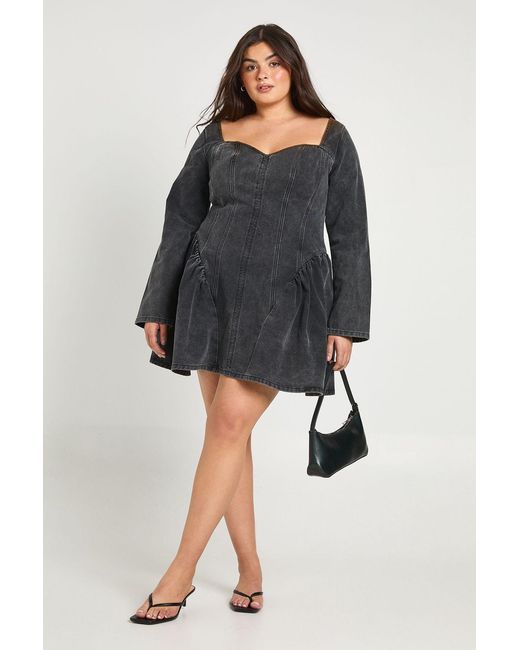 Boohoo Black Plus Denim Seam Detail Skater Dress