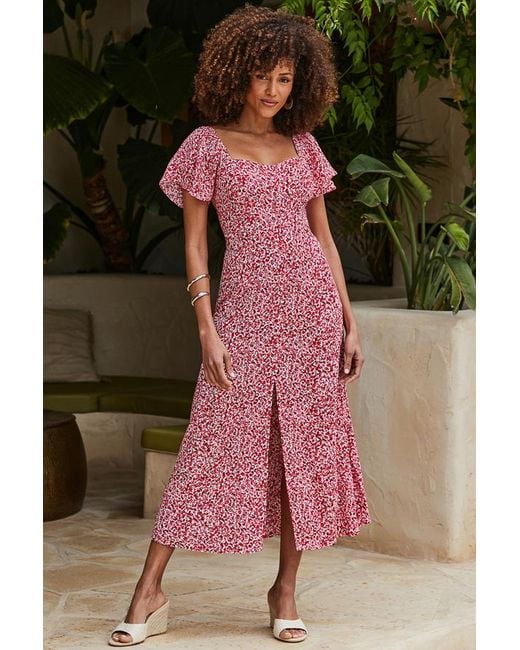 Sosandar Pink Floral Print Angel Sleeve Midi Dress