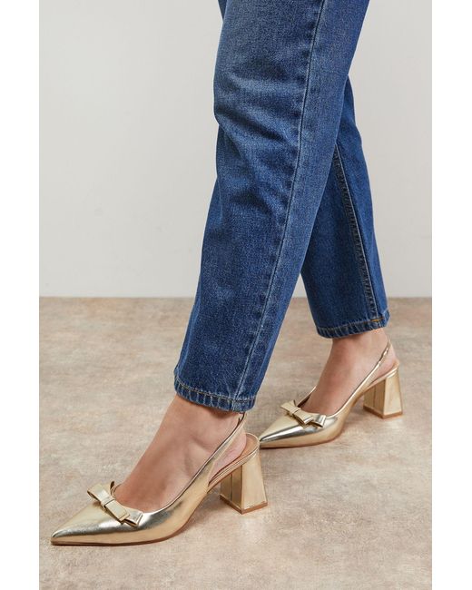 Oasis Blue Vala Faux Metallic Leather Bow Detail Slingback High Block Heel Court Shoes