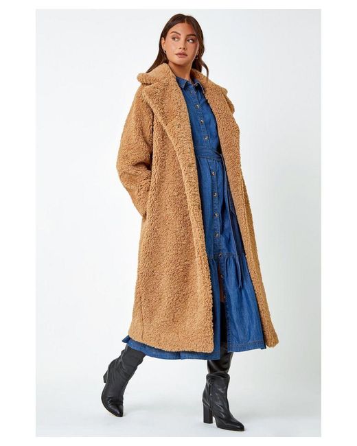 Roman Brown Longline Faux Fur Teddy Borg Coat