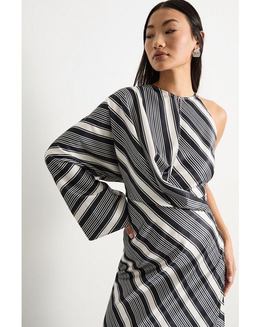 Warehouse Multicolor Petite Printed One Shoulder Twist Front Keyhole Satin Maxi Dress