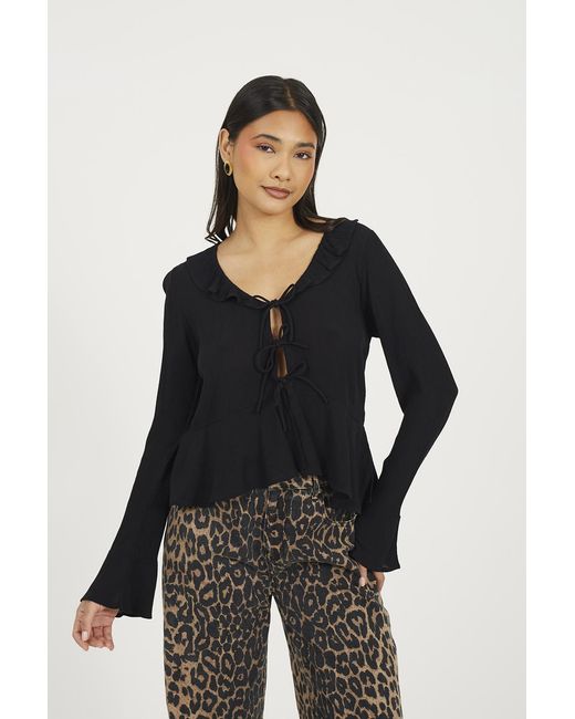 Brave Soul Black Bell Sleeve Frill Tie Front Blouse