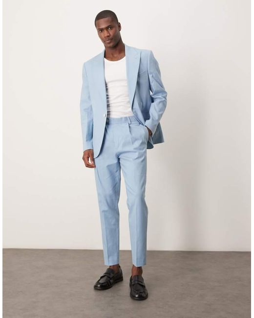 ASOS Blue Linen Blend Tapered Suit Chino Trousers for men