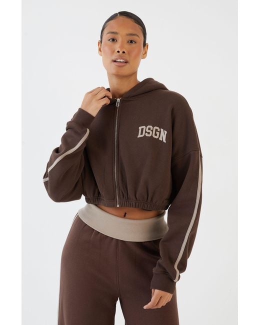 DSGN Studio Brown Side Stripe Boxy Crop Zip Through Hoodie