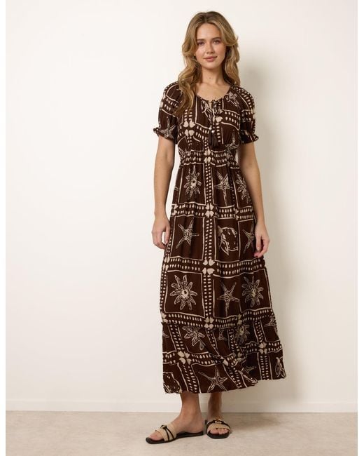 Blue Vanilla Brown Starfish Print Tie Front Maxi Dress