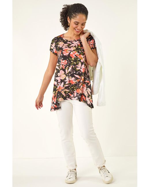 Roman White Floral Print Hanky Hem Top