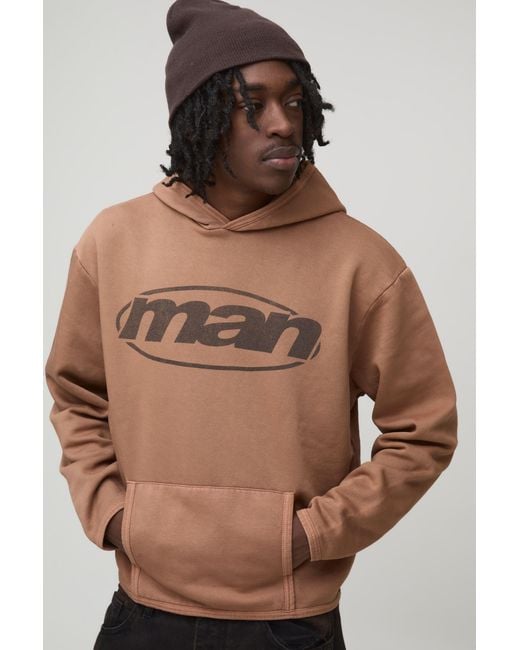 BoohooMAN Brown Oversized Boxy Spray Wash Branded Hoodie for men