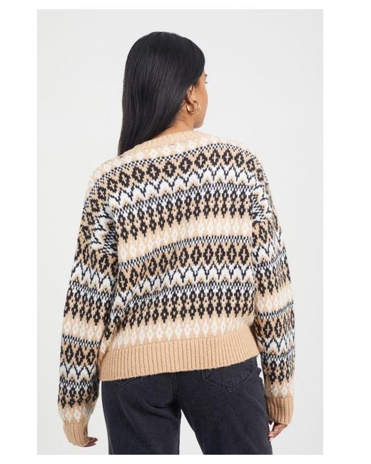 Brave Soul Natural Button Through V-Neck Fairisle Cardigan