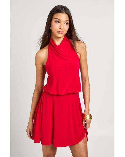 Boohoo Red High Neck Open Back Mini Dress With Drop Waist