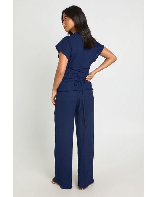 Boohoo Blue Petite Crinkle Tie Back Top Wide Leg Trouser Co Ord
