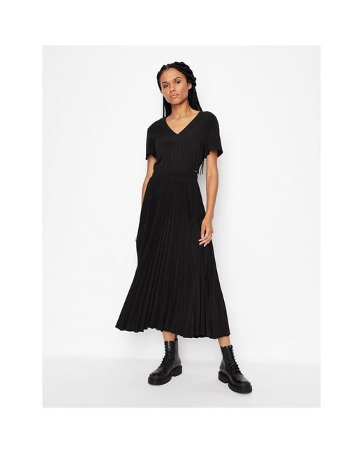 ARMANI EXCHANGE Black Ax V-Neck Midi A-Line Dress