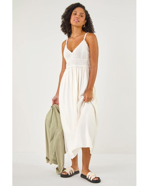 Roman White Crochet Strappy Midi Dress