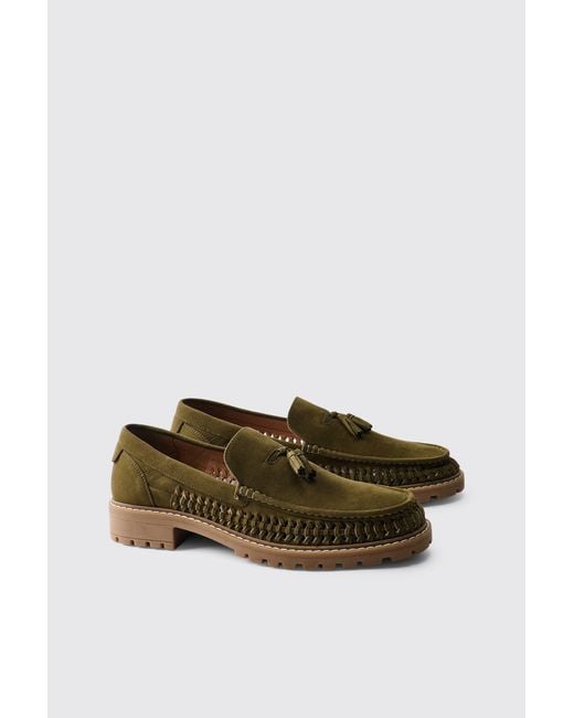 BoohooMAN Green Faux Suede Weave Track Sole Loafer for men