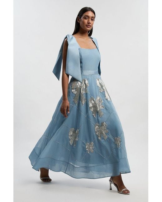 Karen Millen Blue Tall Crystal Embellished Organdie Strappy Prom Dress