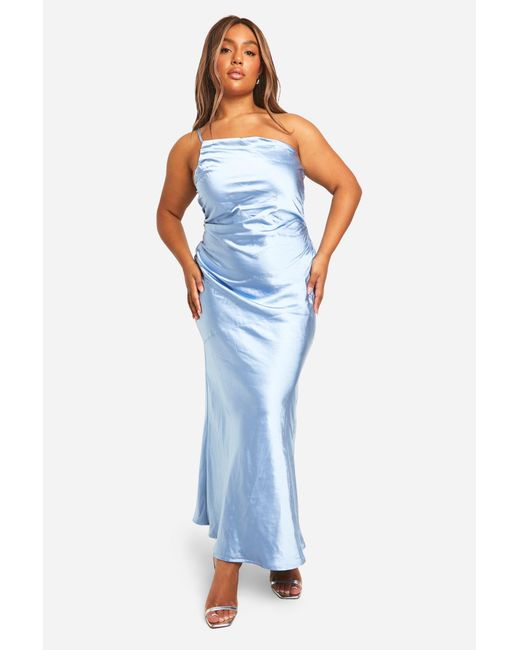 Boohoo Blue Plus Bridesmaid Satin Asymmetric Maxi Dress