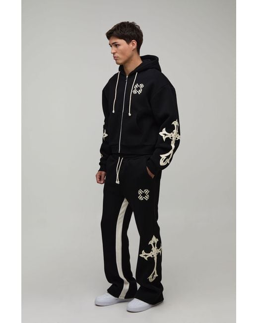BoohooMAN Blue Shrunken Cross Hooded Zip Flare Gusset Tracksuit for men