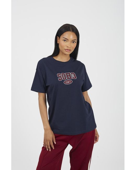 Brave Soul Blue Cotton Embroidered Short Sleeve T-Shirt