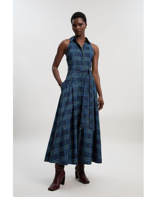 Karen Millen Blue Check Print Taffeta Belted Woven Maxi Shirt Dress