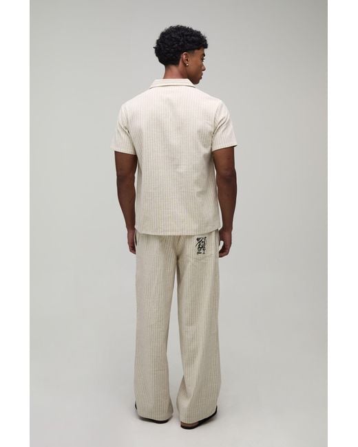 BoohooMAN Natural Baggy Fit Stripe Linen Blend Embroidered Pocket Trousers for men
