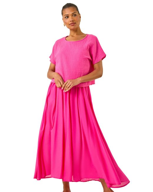 Roman Pink Cotton Top Overlay Midi Dress