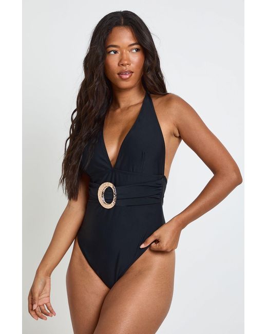 Boohoo Blue Trim Detail Plunge Wrap Waist Swimsuit