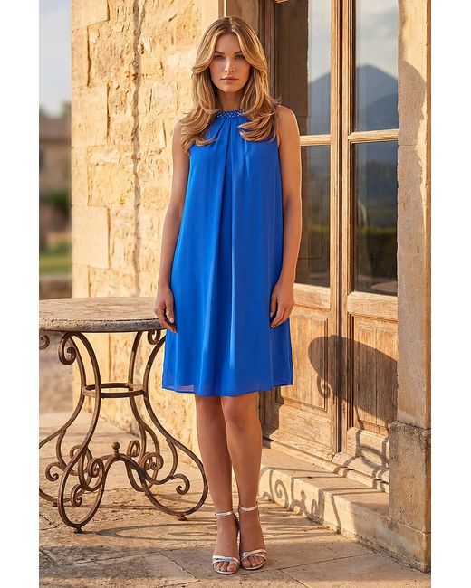 Roman Blue Hotfix Trim Detail Gathered Dress