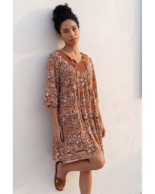Roman Brown Abstract Print Trim Detail Tie Front Dress