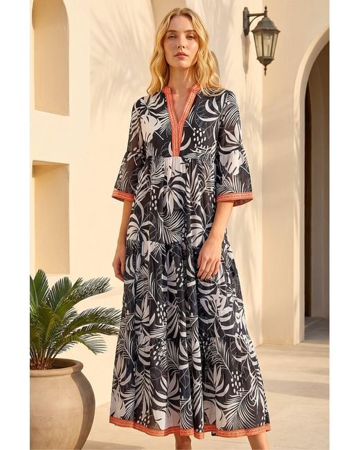 Roman Black Leaf Border Print Maxi Dress