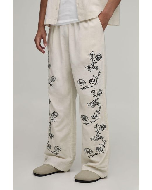BoohooMAN Natural Wide Leg Linen Blend Embroidered Seam Trousers for men