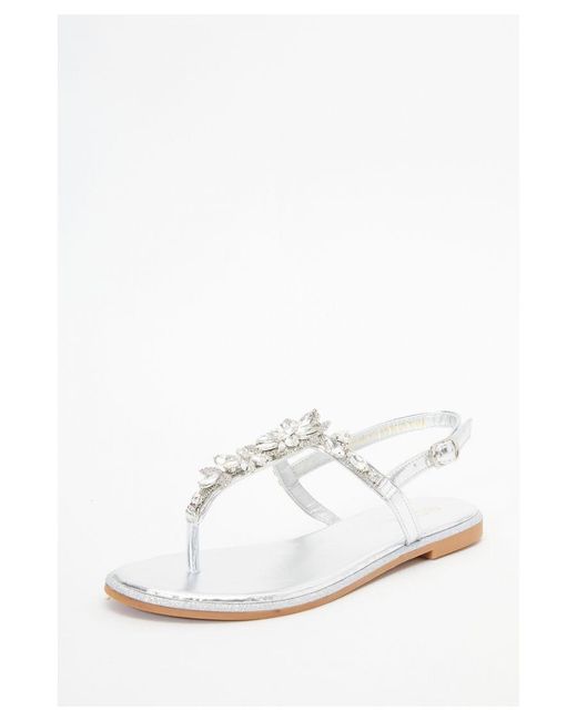 Quiz White Silver Jewel T-bar Flat Sandals