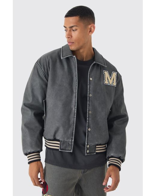 BoohooMAN Gray Boxy Washed Pu Varsity Jacket for men