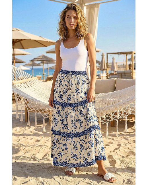 Roman Blue Floral Contrast Print A-Line Skirt