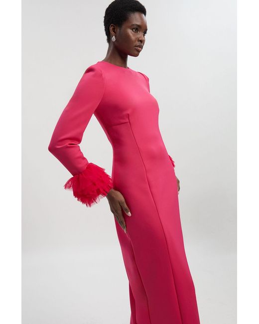 Karen Millen Pink Scuba Drama Tulle Detail Cuff Woven Midi Dress