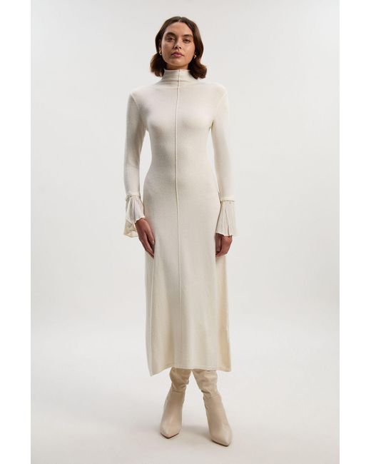 Karen Millen Natural Petite Wool And Alpaca Blend Knit Pleated Silk Woven Cuffs Midi Dress