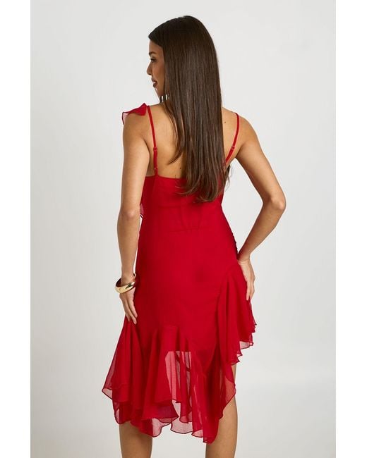 Boohoo Red Chiffon Ruffle Detail Asymmetric Midi Dress