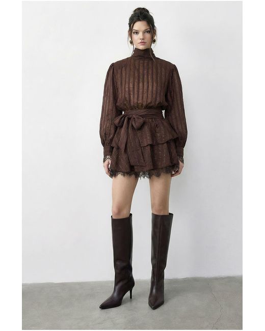 Bianco Lucci Brown Textured Mini Dress With Half Turtleneck And Lace Detail