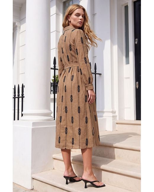 Roman Brown Belted Embroidery Dress