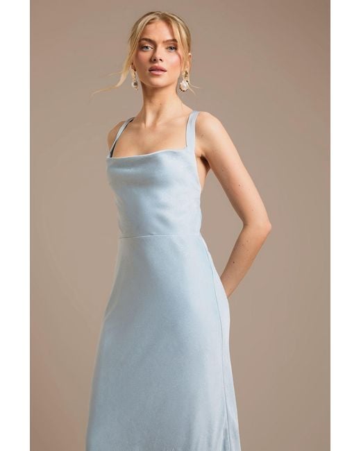 Oasis Blue Cross Shoulder Tie Back Satin Maxi Bridesmaid Dress