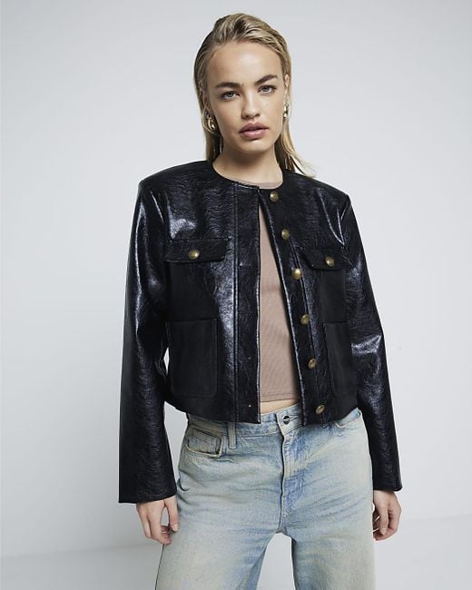 River Island Blue Trophy Jacket Faux Leather