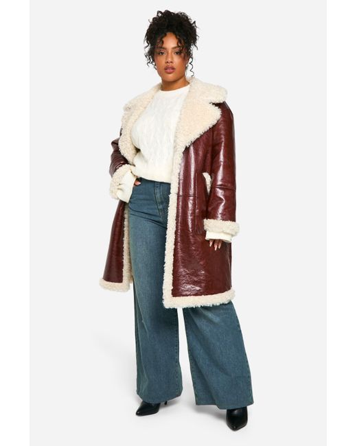 Boohoo White Plus Faux Leather Teddy Trim Longline Aviator Jacket