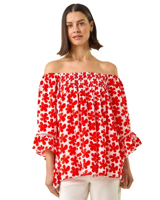 Roman Red Floral Print Bardot Top