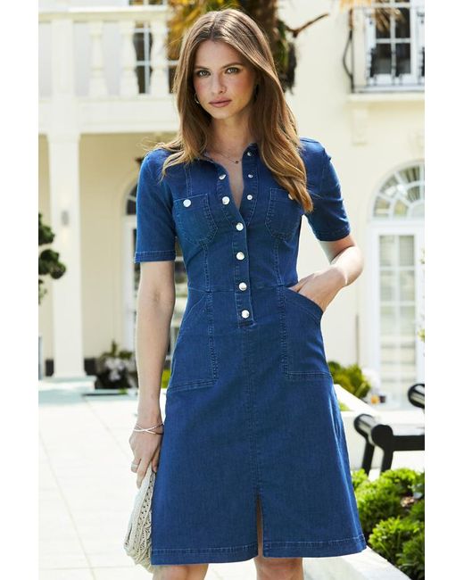 Sosandar Blue Popper Front Short Sleeve Denim Dress Cotton