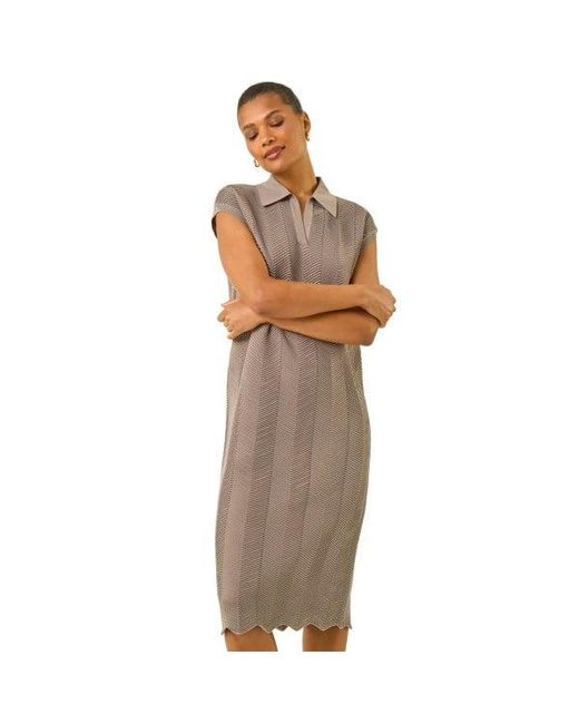 Roman Brown Textured Zig Zag Knit Midi Dress