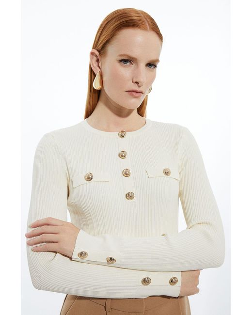Karen Millen Natural Petite Military Trim Rib Long Sleeve Knit Top